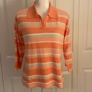 Croft & Barrow Women’s SZ L Striped Collared V-Neck Sweater Peach/Beige/Orange